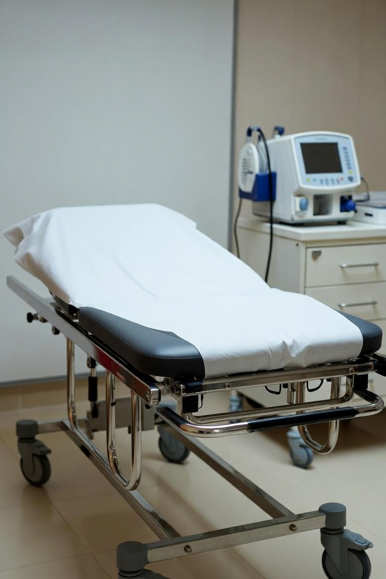 Modern medical examination table with patient positioning controls