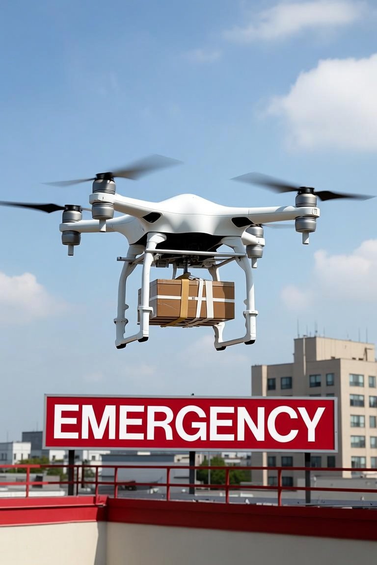 Medical delivery drone carrying emergency supplies to clinic