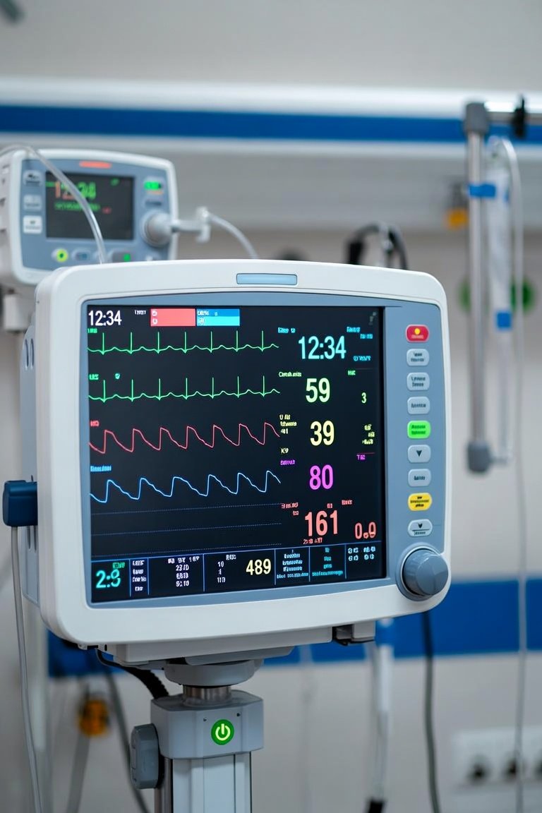 Patient monitor displaying vital signs in hospital room