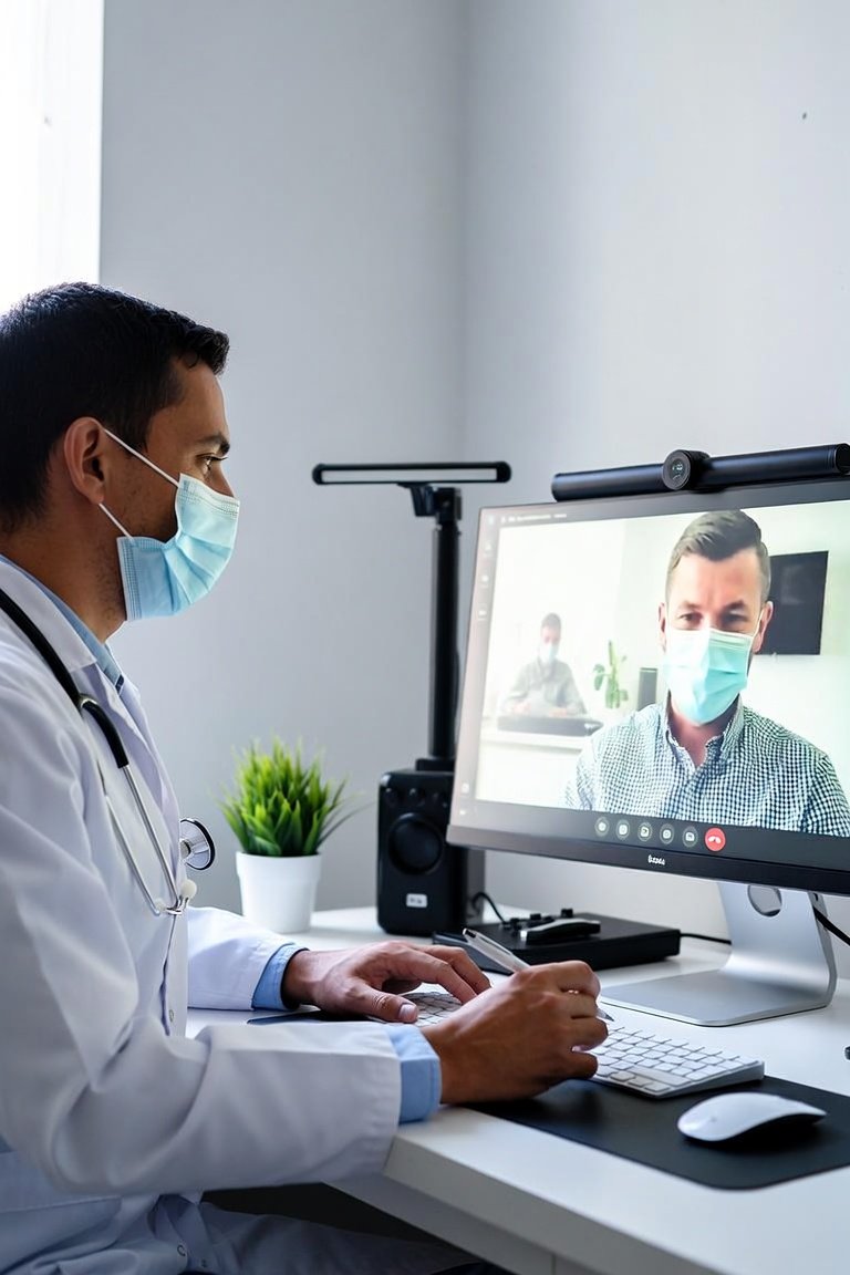 Doctor conducting telemedicine consultation via video call
